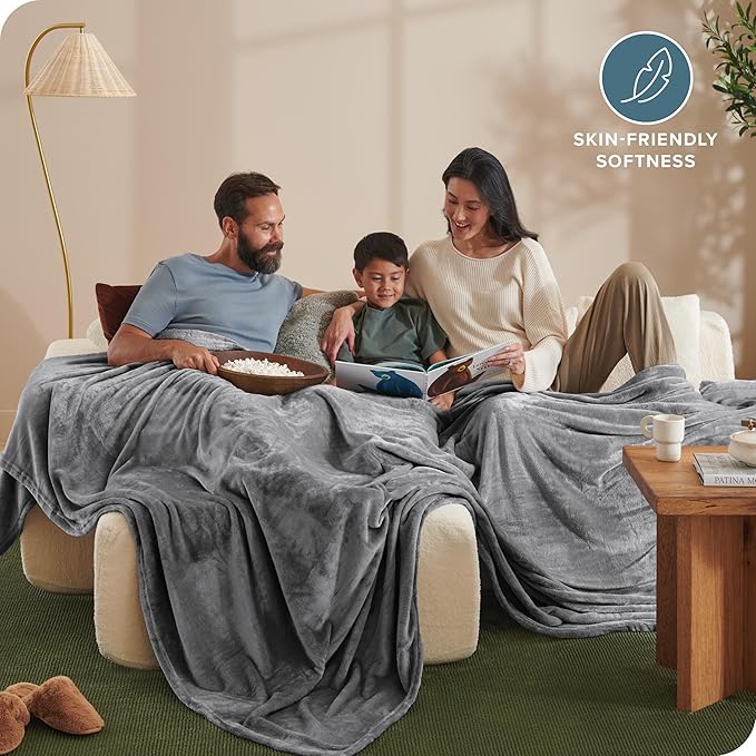 Bare Home Giant Fleece Blanket - Grey - Lightweight, Ultra Soft Warm Throw for Bed, Sofa, Couch, Movie Night, Camping, Travel - Microplush