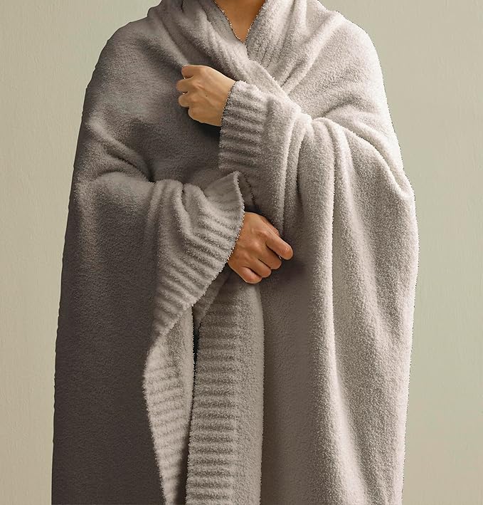R.SHARE Grey Throw Blanket 50x70 Inch Reversible, Feather Knit Microfiber Soft Comfy Cozy Lightweight Fluffy Fuzzy Warm Cute for Couch Sofa Chair Bed Home