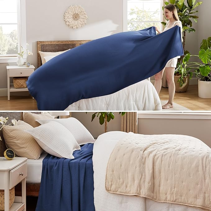 Bedsure 100% Cotton Blanket King Size for Bed - Breathable and Lightweight, Soft Cozy Textured Herringbone Woven Blanket for Summer Spring, Navy Blue, 108x90 inches