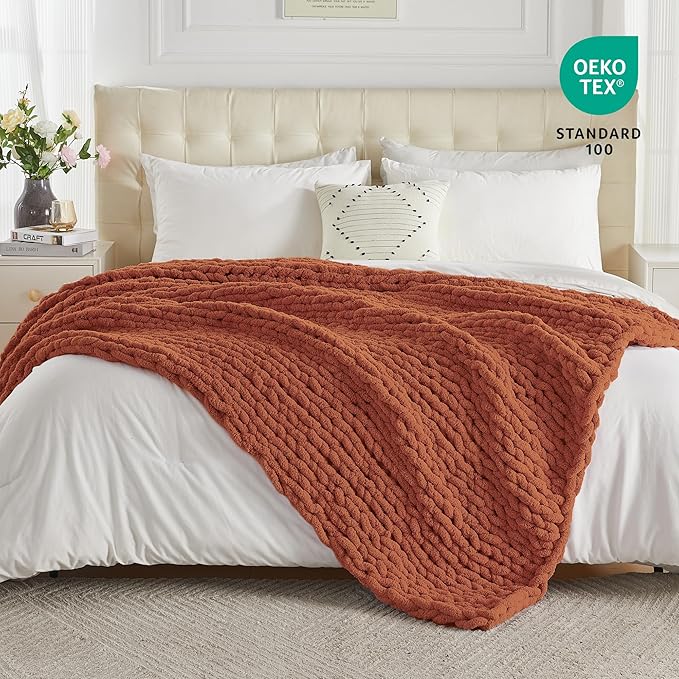 Carriediosa Chunky Knit Throw Blanket 50" X 60", 100% Hand Made Large Chenille Loop Yarn Soft Fluffy Throws for Couch Sofa Bed, Big Crochet Cozy Heavy Thick Cable Woven Blankets, Rust