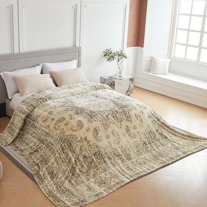 Oversized Vintage Pattern Blanket 120x120 Inches, Giant 10'x10' for Bed, Travel, and Camping, Extra Large Soft Blanket for The Whole Family and Outdoor,Beige
