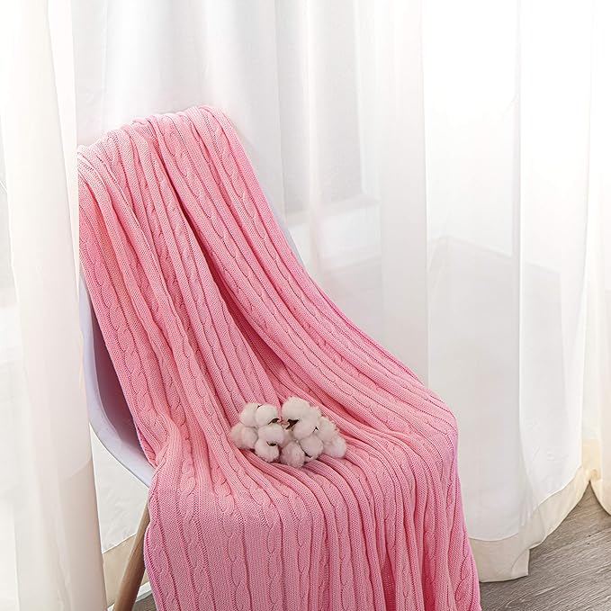 NTBAY 100% Pure Cotton Cable Knit Throw Blanket, Super Soft Warm 51x67 Knitted Throw Blanket for Couch, Sofa, Chair, Bed - Extra Cozy, Machine Washable, Comfortable Home Decor, Pink