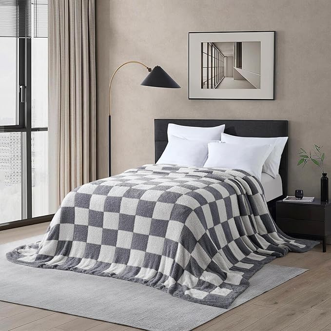 Oversized King Checkered Blanket for Couch - Super Soft Extra Large Throw Blankets for Bed, Fluffy Fuzzy Plush Lightweight Cozy Blanket,120" x 120", Grey