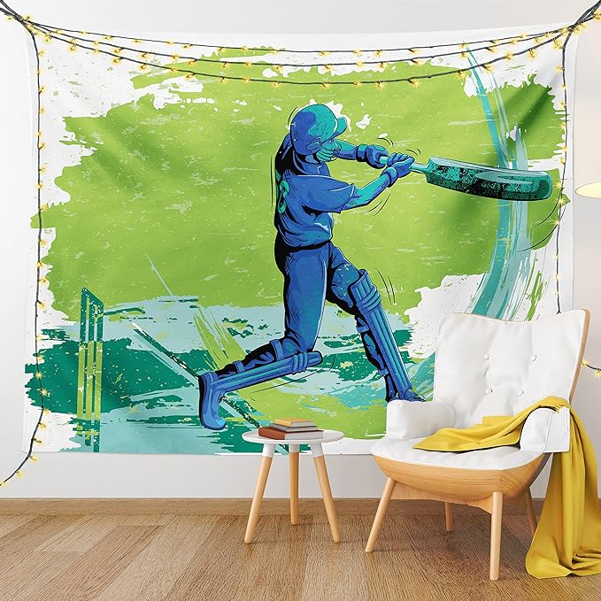 Ambesonne Sports Tapestry Queen Size, Cricket Player Pitching Win Game Champion Team Paintbrush Effect, Wall Hanging Bedspread Bed Cover Wall Decor, 88" X 88", Blue Turquoise