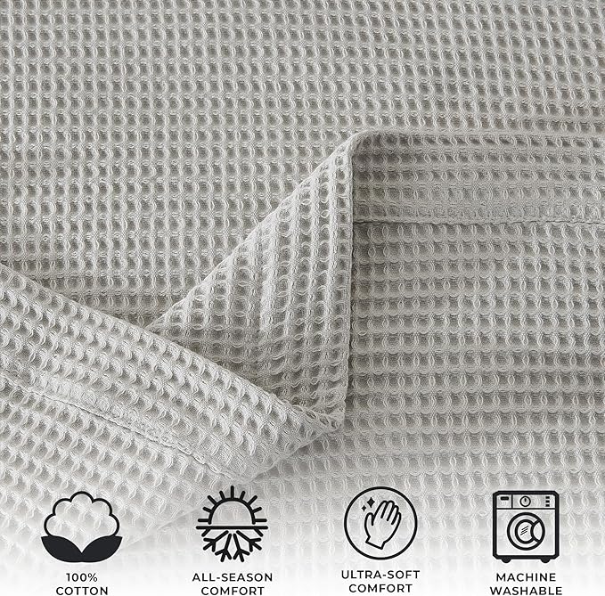 100% Cotton Blanket for King Size Bed - Grey Waffle Weave Lightweight Summer Bed Blanket - 102x90in Prewashed Breathable, Woven, Layering Blanket (King, Light Grey)