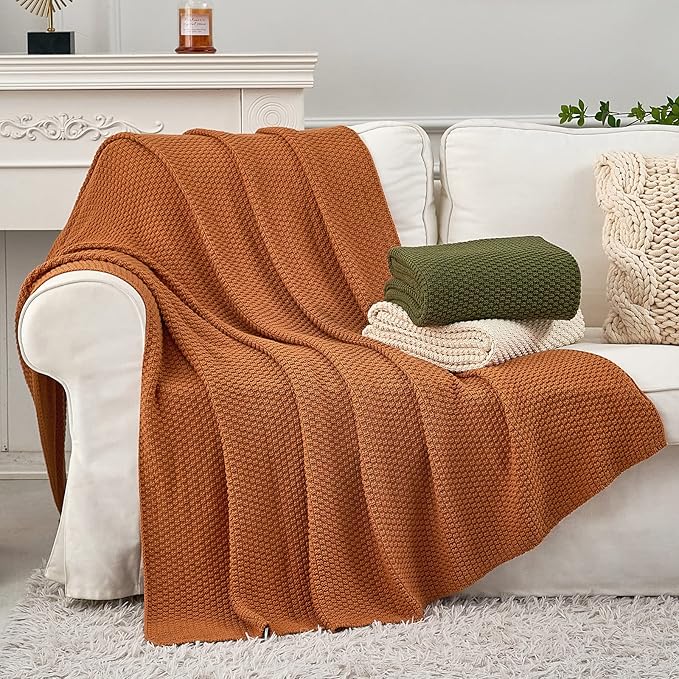 Longhui bedding Burnt Orange Knitted Throw Blanket for Couch, Soft, Cozy Machine Washable 100% Cotton Sofa Knit Blankets, Heavy 4.0lb Weight, 60 x 80 Inches, Laundry Bag Included