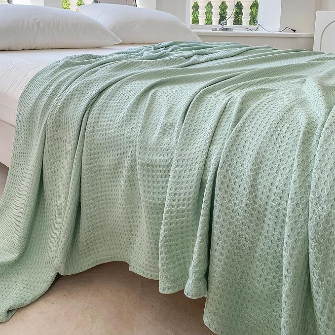 AmyHomie Cooling Blanket Queen Size, 100% Rayon Derived from Bamboo,Cool Summer Blanket for Hot Sleepers Soft Comfy Waffle Lightweight Blankets for All Seasons(90×90in,Sage Green)