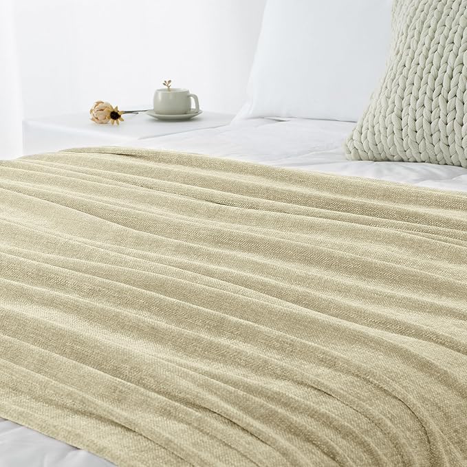 Chenille Throw Blanket for Couch 50"X 60", Soft Cozy Throws with Fringe Tassel for Bed Sofa Chair Cover, Lightweight Knitted Decorative Boho Blankets for Living Room, Light Beige