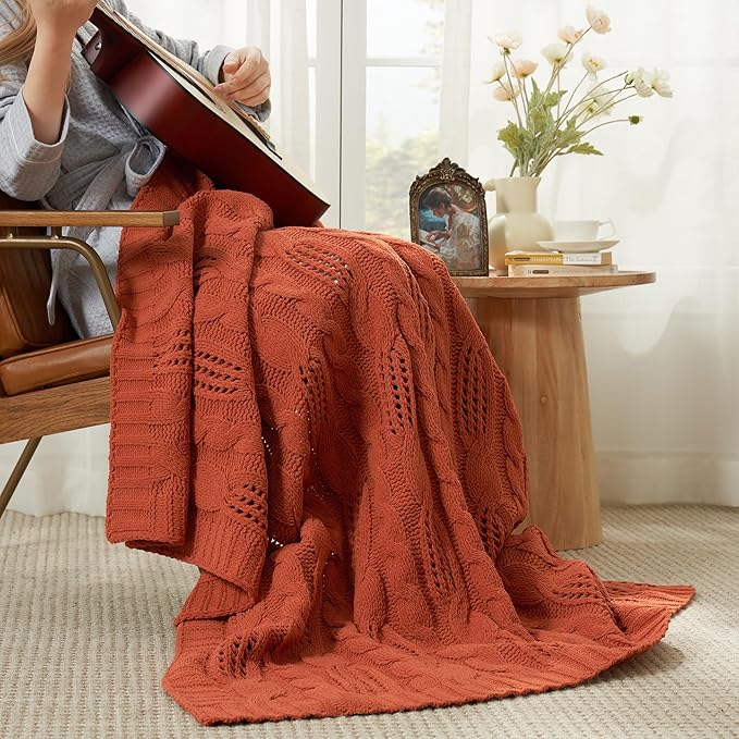 Amélie Home Chunky Knit Chenille Throw Blanket, Breathable Cable Knitted Blanket for Couch, Farmhouse Decorative Throw for Sofa Chair Bed, 60"x80", Burnt Orange