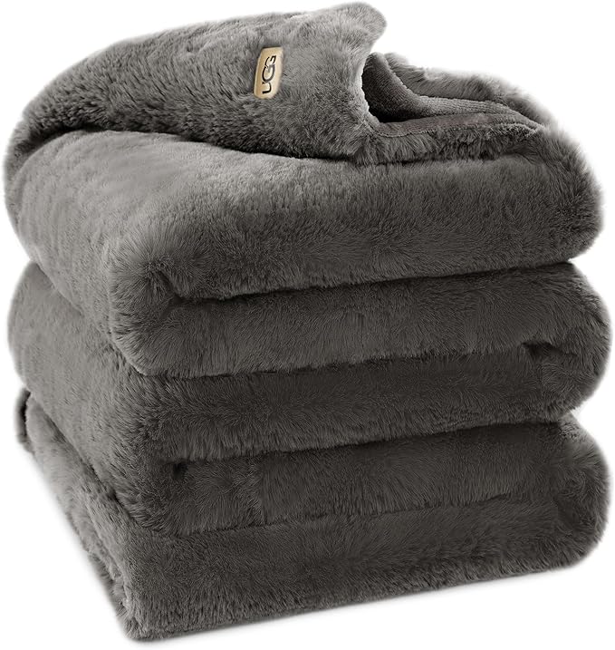 UGG Euphoria Plush Faux Fur Throw Blanket Medium Weight Reversible Luxury Soft Throw for Couch Bed or Chair Hypoallergenic Machine Washable Home Decor Blanket, 50-inch x 70-inch, Charcoal Dark Grey