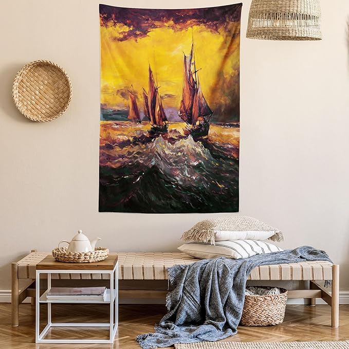 Ambesonne Country Tapestry, Image of Old Sailboats Ships Cruising in Waves at Sunrise Time Dark Sky Art, Fabric Wall Hanging Decor for Bedroom Living Room Dorm, 23" X 28", Yellow Orange