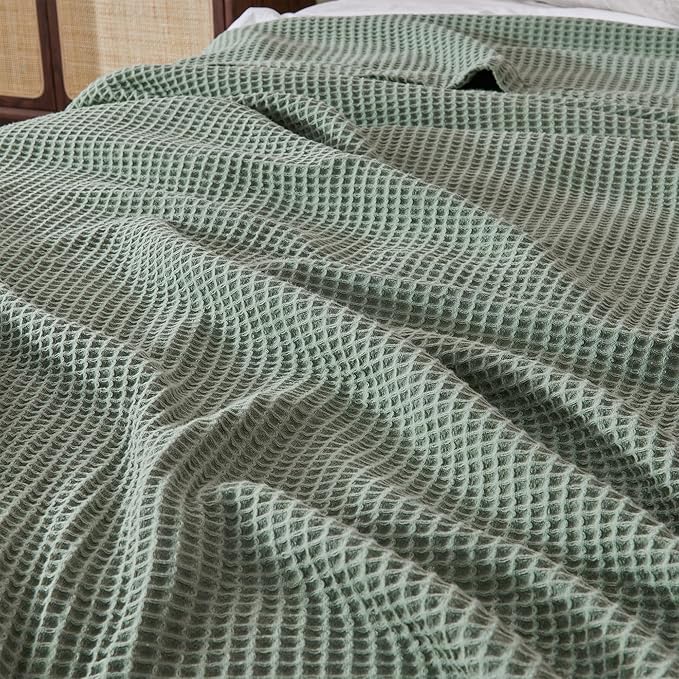 100% Cotton Blanket for Full Queen Size Bed - Green Waffle Weave Lightweight Summer Bed Blanket - 90x90in Prewashed Breathable, Woven, Layering Blanket (Full/Queen, Eucalyptus)