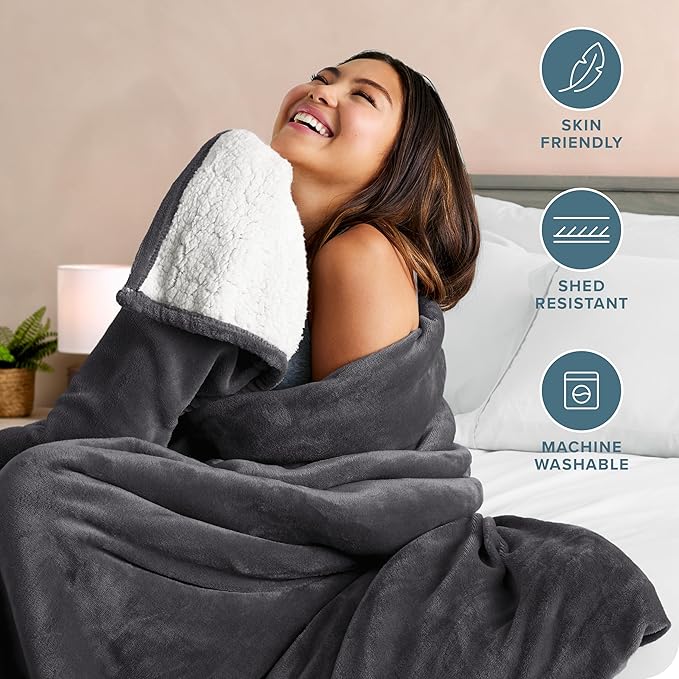 Bare Home Sherpa Fleece Blanket - Twin/Twin Extra Long - Blanket for Bed, Sofa, and Couch - Warm & Lightweight - Fluffy & Soft - Reversible (Twin/Twin XL, Forged Iron Grey)
