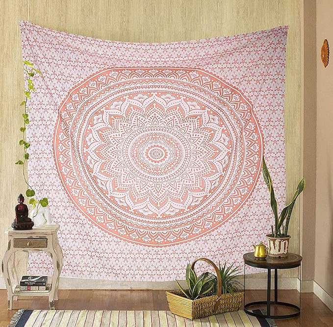 raajsee Rose Gold Ombre Tapestry Wall Hanging Mandala-Bohemian Room Decor-Indian Cotton Throw Hippie Tapestries -Boho Bedding Twin bedspread 52x82 Imches