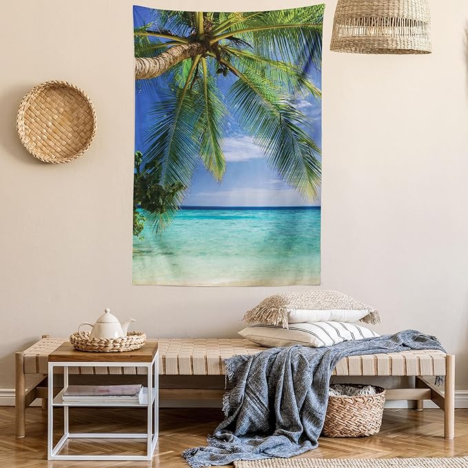 Ambesonne Ocean Tapestry, Tropical Paradise View at Maldives Palms Clear Sky Seashore Picture Print, Wall Hanging for Bedroom Living Room Dorm Decor, 40" X 60", Green Aqua Blue