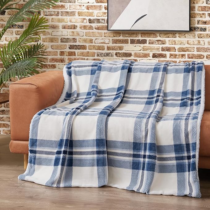 Lucky Brand Sherpa Plaid Ivory/Blue 50"X70" Cozy Plush Blanket - Premium Microfiber Throw for Luxurious Comfort and Style