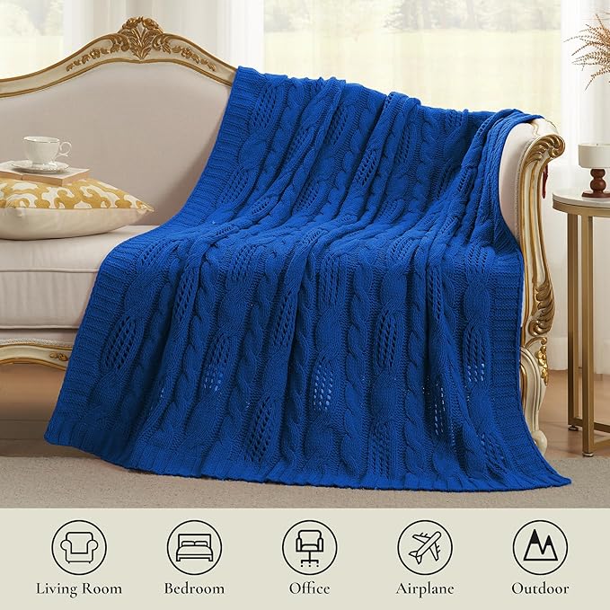Amélie Home Chunky Knit Chenille Throw Blanket, Breathable Cable Knitted Blanket for Couch, Farmhouse Decorative Throw for Sofa Chair Bed, 50"x60", Blue