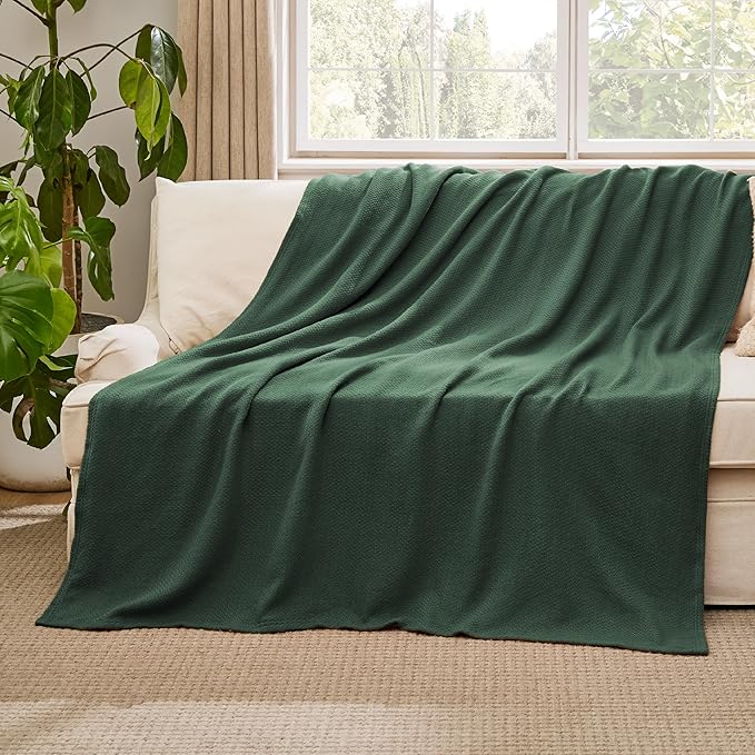 Bedsure 100% Cotton Blanket Twin XL Size for Bed - Breathable and Lightweight, Soft Cozy Textured Herringbone Woven Blanket for Summer Spring, Dark Green, 66x90 inches