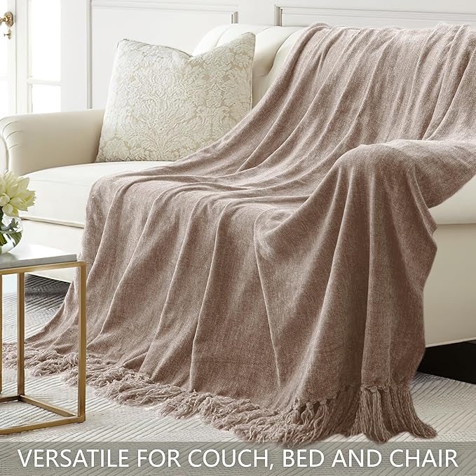 Chenille Throw Blanket for Couch 60"X 80" Twin, Soft Cozy Throws with Fringe Tassel for Bed Sofa Chair, Lightweight Knitted Decorative Farmhouse Boho Blankets for Gift, Taupe