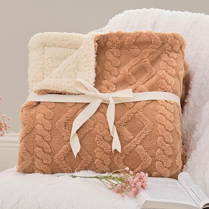 Bedsure Sherpa Fleece Blanket Twin Size for Bed - Fuzzy Soft Cozy Cable Throw for Couch, Thick Warm Blankets for Winter, Light Brown, 60x80 Inches
