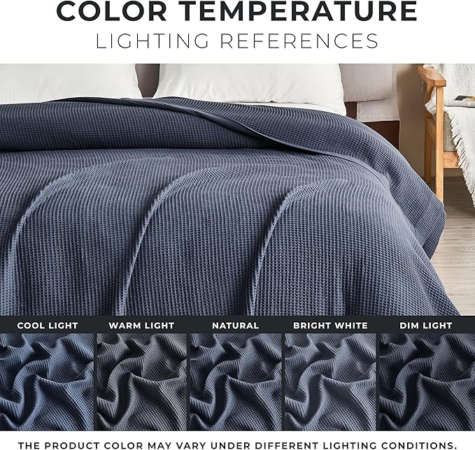 Great Bay Home 100% Cotton Blanket for Twin Size Bed | Lightweight and Breathable Waffle Weave Blankets for Summer & Spring | Versatile, Layering Navy Bed Blanket, Ocean Blue, 90x66 inches