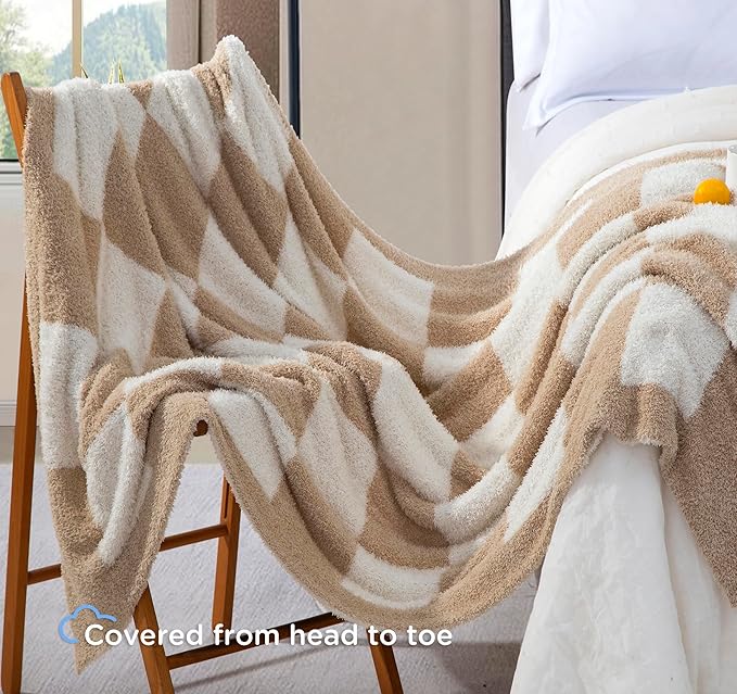Checkered Throw Blanket for Couch - Super Soft Knit Bed Blanket,Fluffy Fuzzy Plush Lightweight Cozy Blankets for Sofa ,Light Brown,50" x 70"