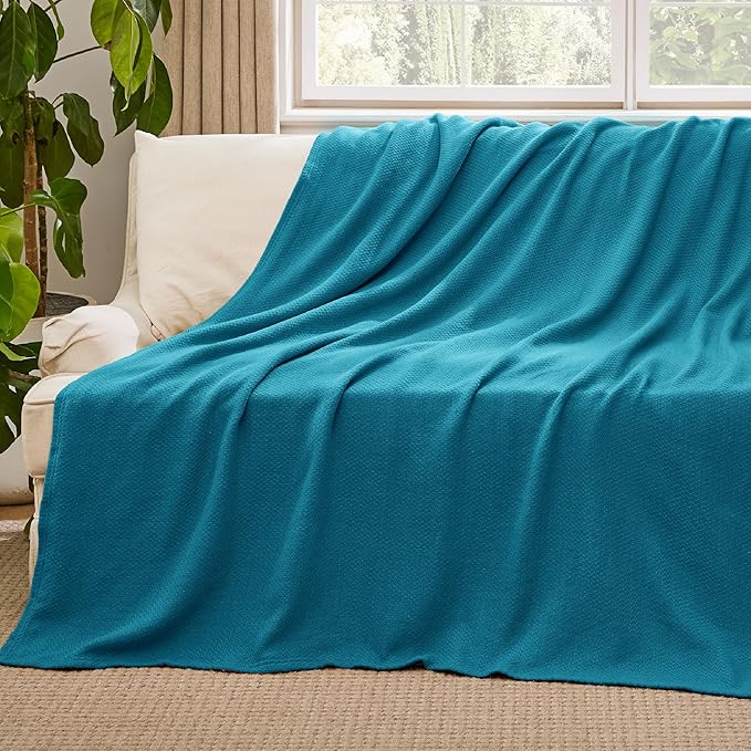 Bedsure 100% Cotton Blanket Twin XL Size for Bed - Breathable and Lightweight, Soft Cozy Textured Herringbone Woven Blanket for Summer Spring, Teal, 66x90 inches