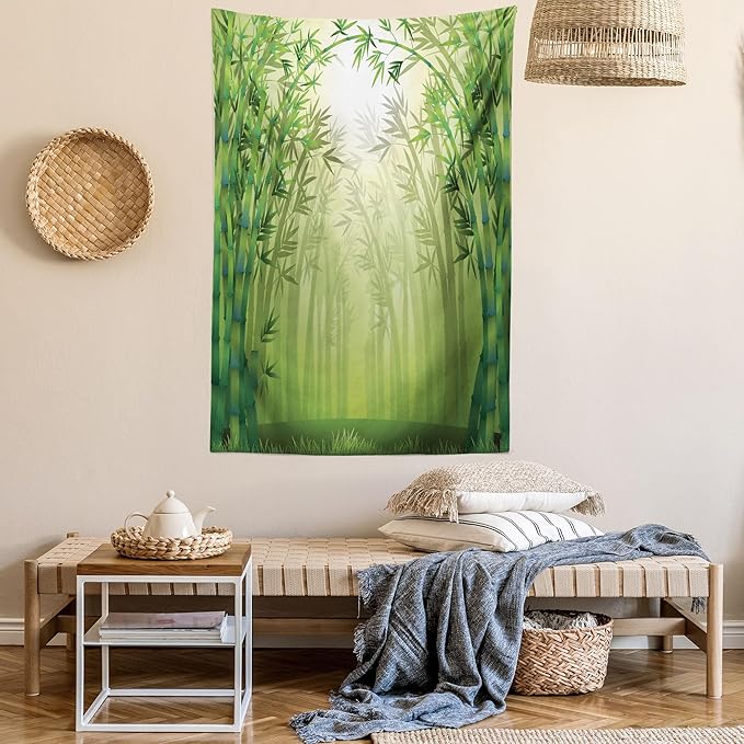 Ambesonne Forest Tapestry Twin Size, Image of Exotic Trees in Rain Forest Far Eastern Wildlife Tropical Nature Inspired, Wall Hanging Bedspread Bed Cover Wall Decor, 68" X 88", Green and White