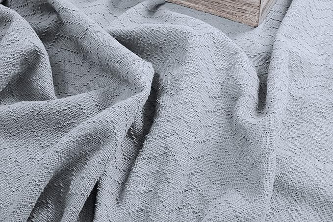 BELIZZI HOME 100% Cotton Bed Blanket, Breathable Thermal Blanket Full - Queen Size, Soft Chevron 90''x90'', Perfect for Layering Any All Season, Light Grey