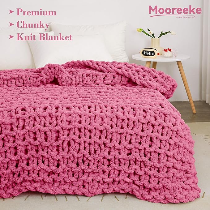 Knit Blanket 50"x60" Rose Cream Soft Washable Chenille Throw Blanket Cozy 100% Handmade Crochet Blankets with Jumbo Chenille Yarn for Couch Bed Sofa Room Decor
