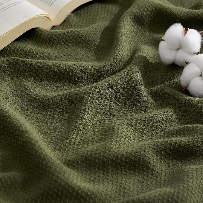 Bedsure 100% Cotton Large Throw Blanket for Couch 50x70 inches - Breathable and Lightweight, Soft Cozy Herringbone Woven Blanket for Summer Spring, Olive Green