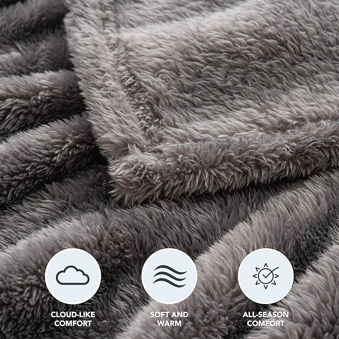Berkshire Blanket Classic Extra-Fluffy™ Plush Blanket, Queen Size Bed Blanket, Soft Fuzzy Fluffy Long Hair Blanket for Couch Sofa Bed, Shadow Grey, 90x90 Inches