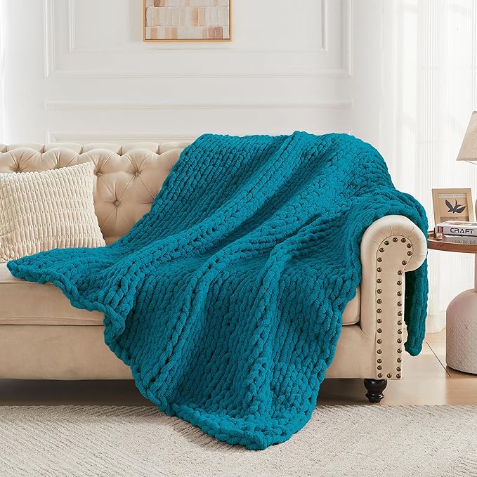 Carriediosa Chunky Knit Throw Blanket 60" X 80" Twin, 100% Hand Made Large Chenille Loop Yarn Soft Fluffy Throws for Couch Sofa Bed, Big Crochet Cozy Heavy Thick Cable Woven Blankets, Teal