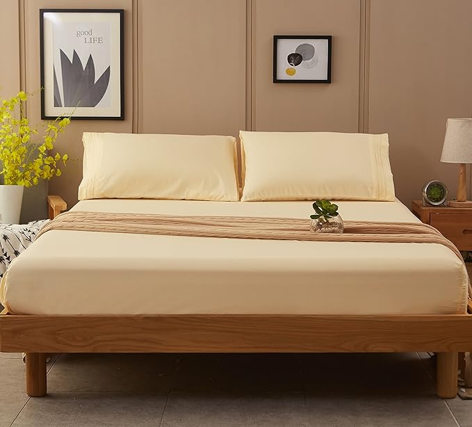 SONORO KATE Bed Sheet Set Super Soft Microfiber 1800 Thread Count Luxury Egyptian Sheets 18-Inch Deep Pocket Wrinkle and Hypoallergenic-4 Piece(King Ivory)