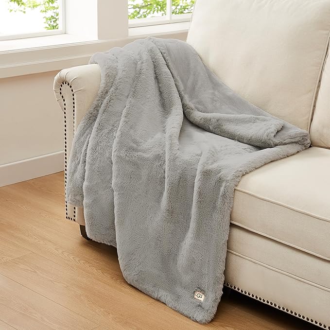 UGG Euphoria Plush Faux Fur Throw Blanket Medium Weight Reversible Luxury Soft Throw for Couch Bed or Chair Hypoallergenic Machine Washable Home Decor Blanket, 50-inch x 70-inch, Seal Light Grey