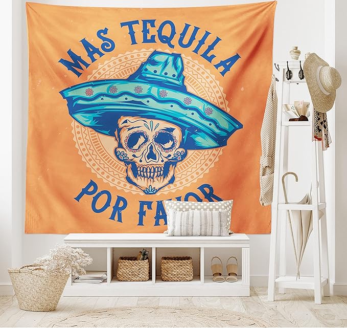 Ambesonne Alcohol Tapestry, Hand-Drawn Sugar Skull Wearing Sombrero with Mas Tequila Por Favor Saying, Wide Wall Hanging for Bedroom Living Room Dorm, 80" X 60", Multicolor Orange