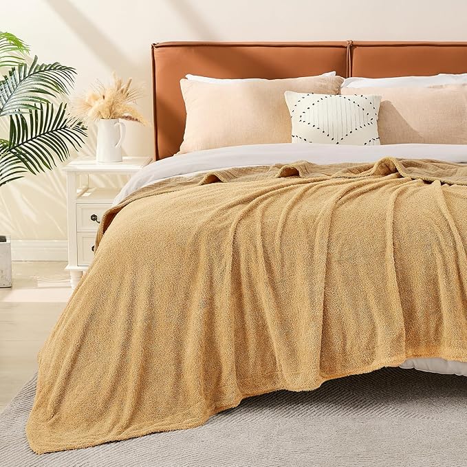 EMME Muslin Cotton Fleece Queen Blanket Reversible - 80"*90" Beige Soft Warm Throw Blankets for Couch Bed Picnic Travel Bed