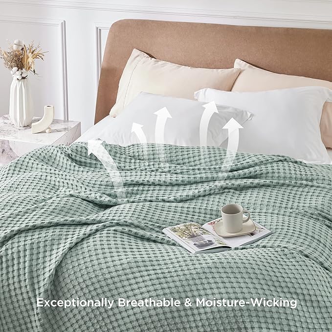 Bedsure Cooling Cotton Waffle Twin XL Blanket - Lightweight Breathable Blanket of Rayon Derived from Bamboo for Hot Sleepers, Luxury Throws for Bed, Couch and Sofa, Sage Green, 66x90 Inches