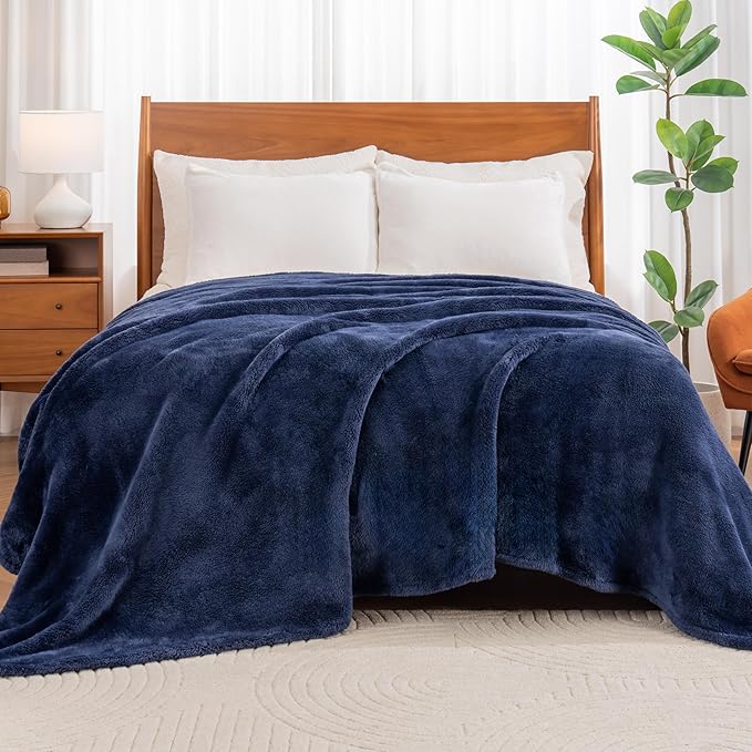 Berkshire Blanket Classic Extra-Fluffy™ Plush Blanket, Twin Size Bed Blanket, Soft Fuzzy Fluffy Long Hair Blanket for Couch Sofa Bed, Atlantis Dark Blue, 60x92 Inches