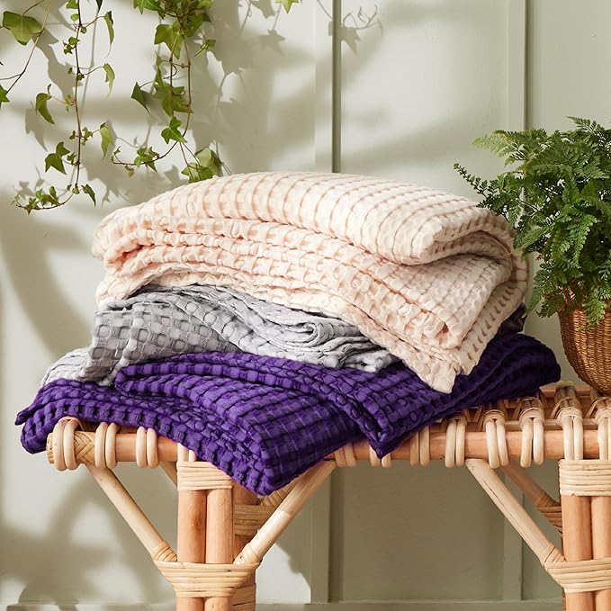 Bedsure Cooling Cotton Waffle King Size Blanket - Lightweight Breathable Blanket of Rayon Derived from Bamboo for Hot Sleepers, Luxury Throws for Bed, Couch and Sofa, Purple, 104x90 Inches