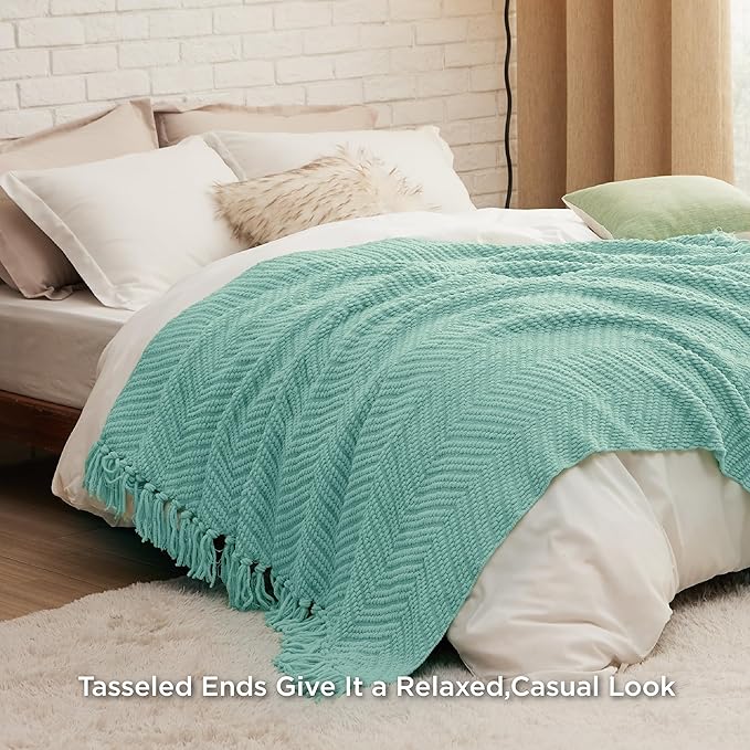 Bedsure Throw Blankets for Couch - Textured Chunky Knit Woven Chenille Blanket - Super Soft, Warm Decorative Boho Throw with Tassels for Bed, Sofa and Living Room Decor, Sky Teal, 50x60 Inches