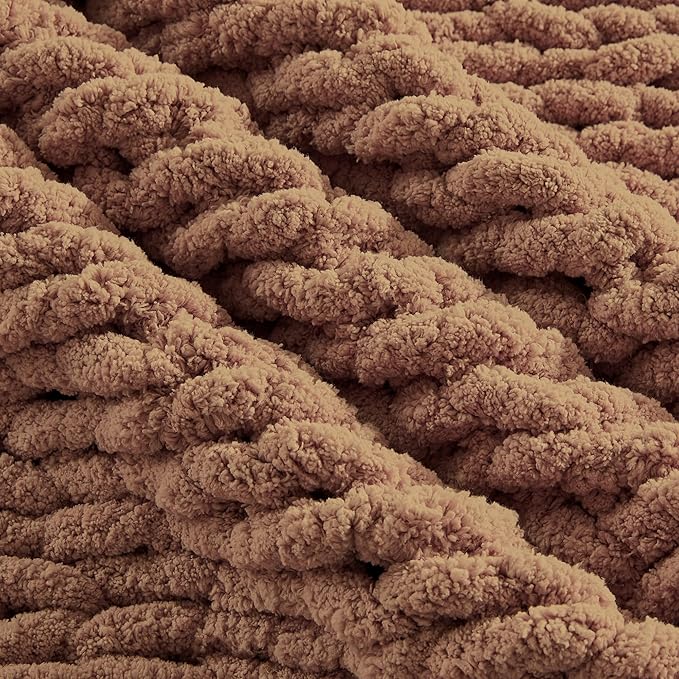 Carriediosa Chunky Knit Throw Blanket 60" X 80" Twin, 100% Hand Made Large Chenille Loop Yarn Soft Fluffy Throws for Couch Sofa Bed, Big Crochet Cozy Heavy Thick Cable Woven Blanket, Light Brown