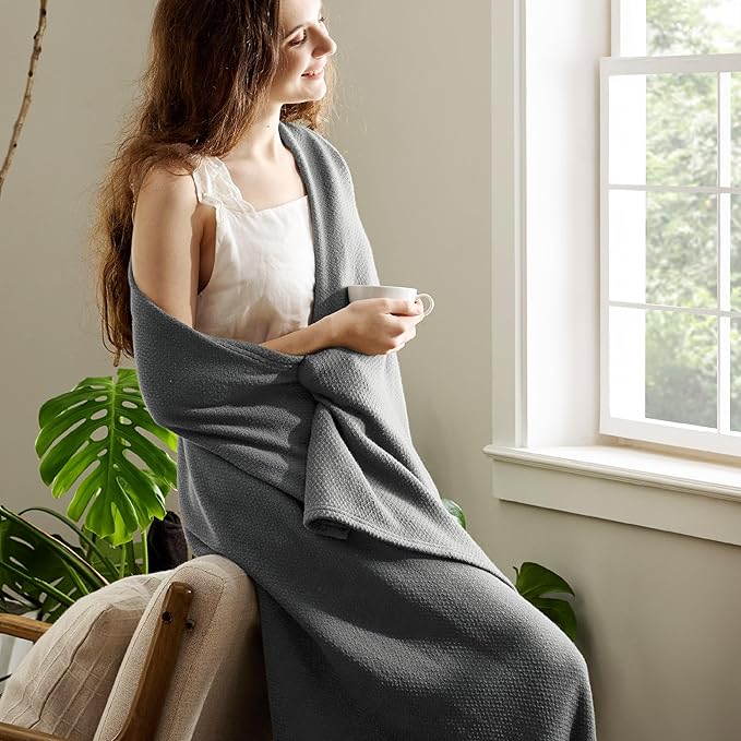 Bedsure 100% Cotton Large Throw Blanket for Couch 50x70 inches - Breathable and Lightweight, Soft Cozy Herringbone Woven Blanket for Summer Spring, Dark Grey