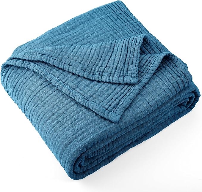 Carriediosa 100% Cotton Muslin Throw Blanket 108" X 90" King Size,4-Layers Summer Gauze Throws for Bed Couch,Soft Lightweight Breathable Linen Blankets Bedspread for Adults All Season,Dusty Blue