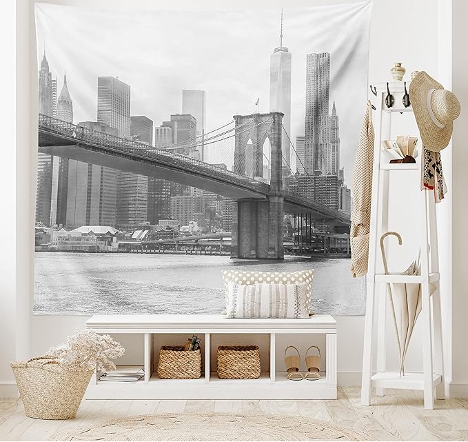 Ambesonne Landscape Tapestry, Photo of Brooklyn Bridge over East River and Tall Buildings Skylines at the Back, Wide Wall Hanging for Bedroom Living Room Dorm, 60" X 40", Purple Green