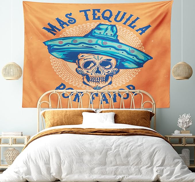 Ambesonne Alcohol Tapestry, Hand-Drawn Sugar Skull Wearing Sombrero with Mas Tequila Por Favor Saying, Wide Wall Hanging for Bedroom Living Room Dorm, 80" X 60", Multicolor Orange