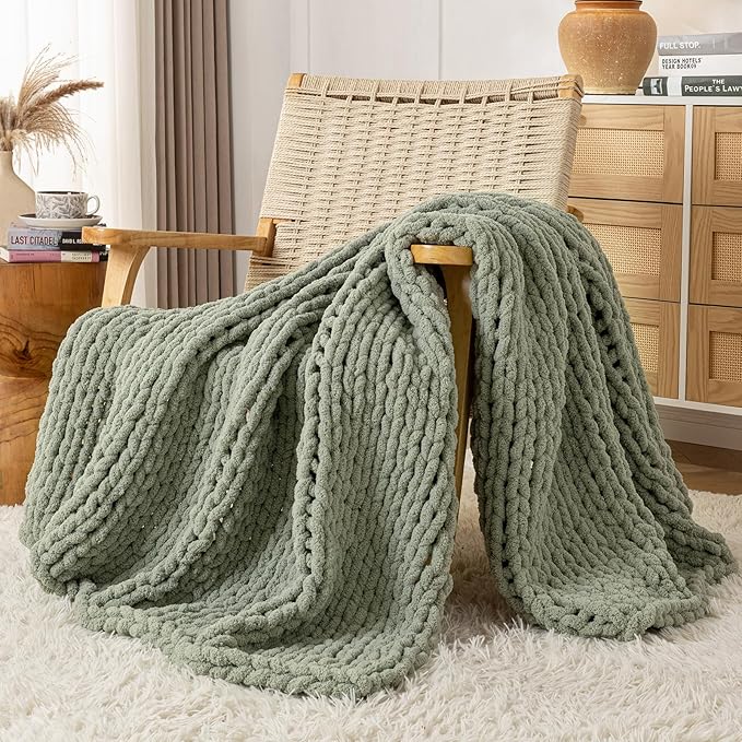 Chunky Knit Blanket Throw, 100% Hand Knit Throw Blanket Handmade Chenille Cable Knit Throw for Couch, Stylish Cozy Soft Rope Knot Crochet Blanket for Home Decor, Sage Green, 60x80 Inches