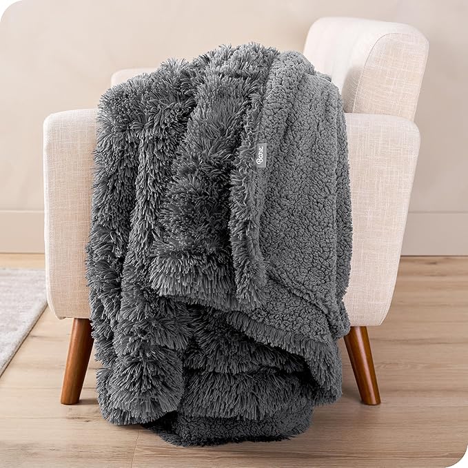 Bare Home Shaggy Faux Fur Sherpa Blanket - Super Soft, Fuzzy, Fluffy - Reversible Cozy Warm Blanket for Couch, Sofa, Chair, Bed - Luxury Home Decor (Full/Queen, Grey)