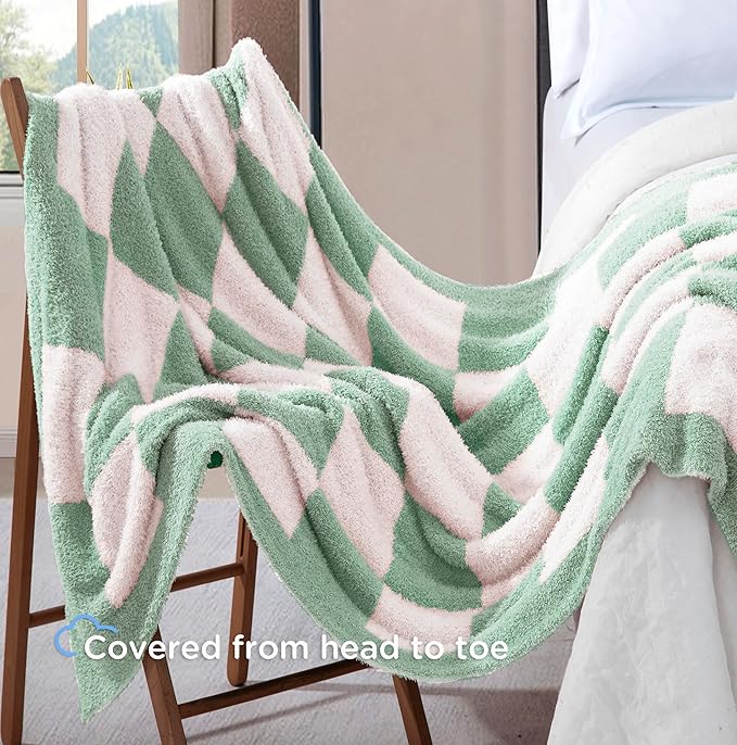 Oversized King Checkered Blanket for Couch - Super Soft Extra Large Throw Blankets for Bed, Fluffy Fuzzy Plush Lightweight Cozy Blanket,120" x 120",Sage Green