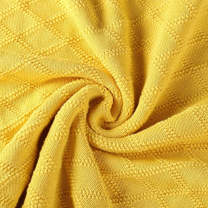 Cotton Lemon Yellow Knit Throw Blanket for Couch Sofa Beach Chair Bed Home Decorative Soft Warm Cozy Cable Lightweight Knitted Blankets,2.2 pounds 50 x 60 Inch with Bonus Laundering Bag
